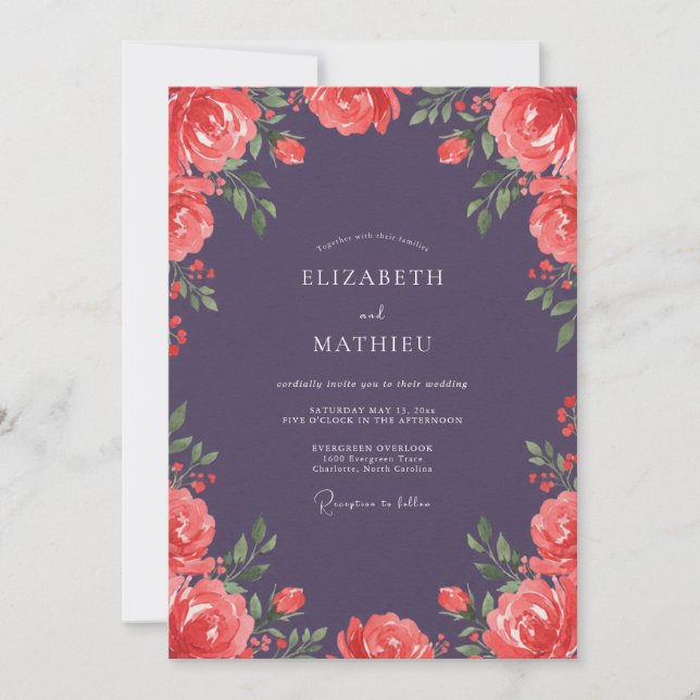 Plum Coral Rose Wedding Invitation (Front)