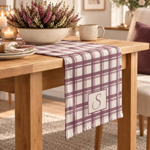 Plum Cream Beige Tartan Plaid Monogram Short Table Runner