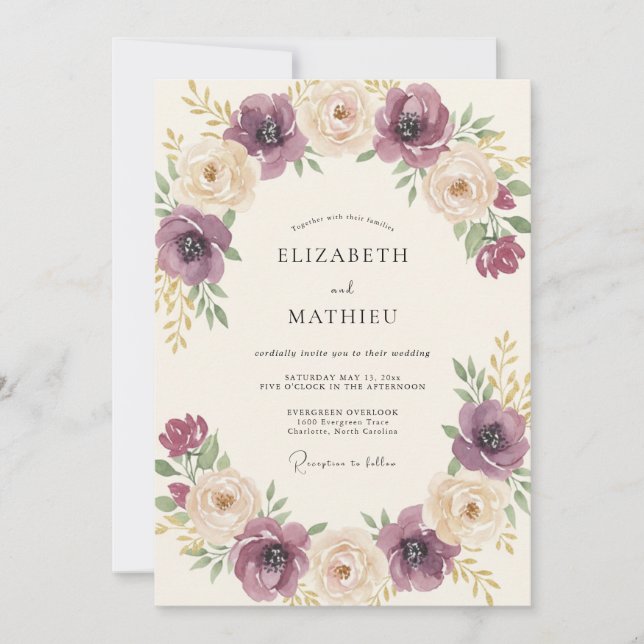 Plum Cream Floral Romantic Wedding Invitation (Front)