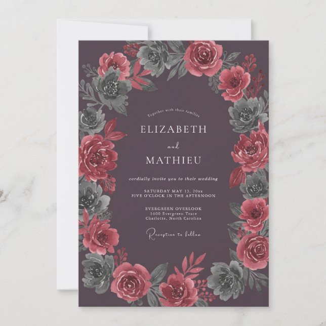 Plum Crimson Dahlia Wedding Invitation (Front)