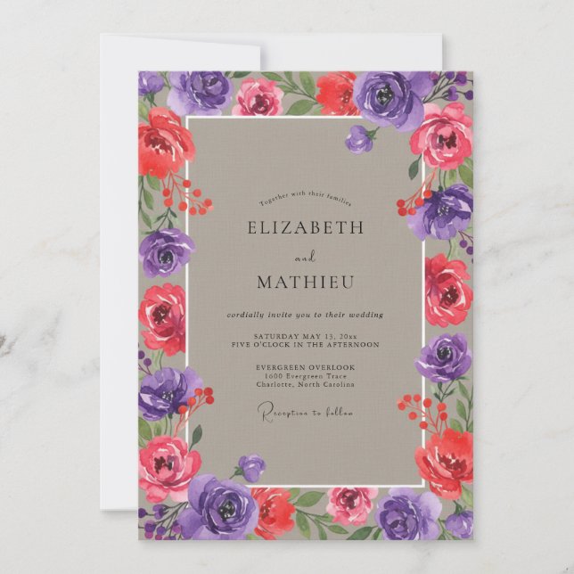 Plum Crimson Ranunculus Eucalyptus Wedding Invitation (Front)