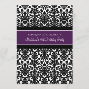 Plum Damask 75th Birthday Party Invitations
