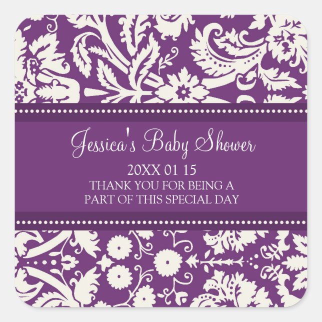Plum Damask Baby Shower Favour Stickers (Front)