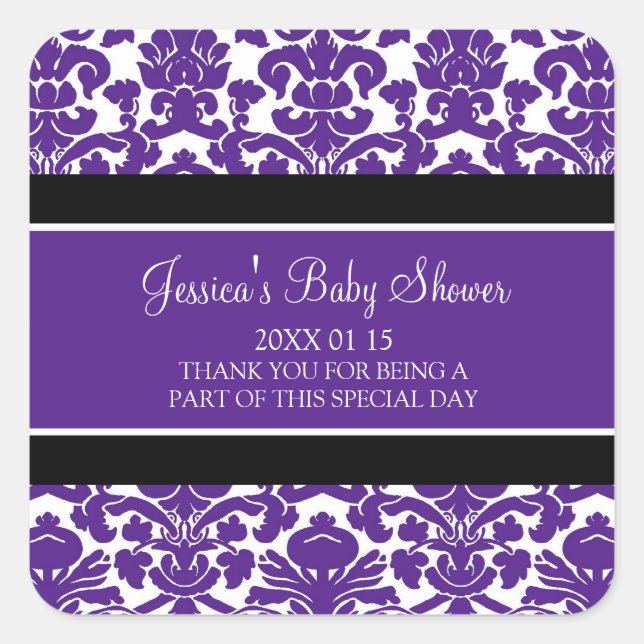Plum Damask Baby Shower Favour Stickers (Front)