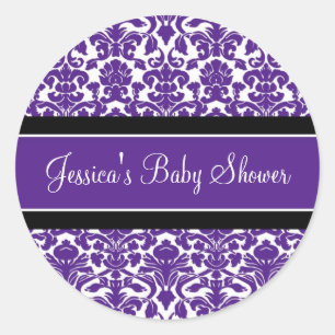 Plum Damask Baby Shower Favour Stickers