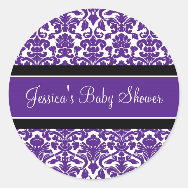 Plum Damask Baby Shower Favour Stickers (Front)