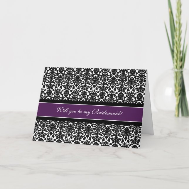 Plum Damask Bridesmaid Invitation Card (Front)