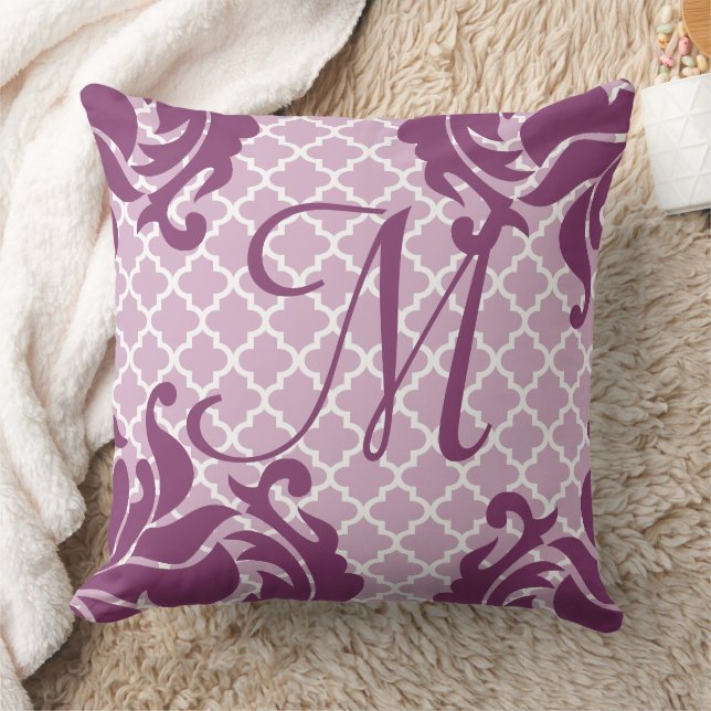 Plum Damask Monogram Custom Accent Pillow (Blanket)