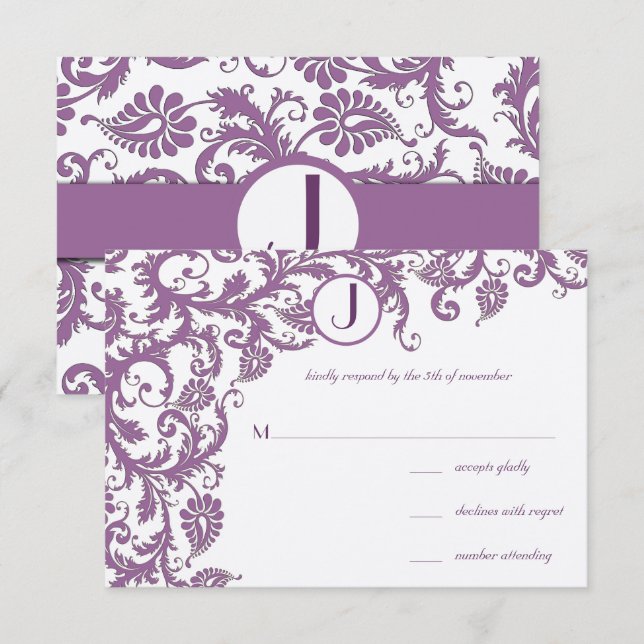 Plum Damask Monogram Wedding  Invitation (Front/Back)