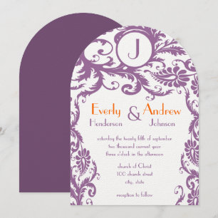 Plum Damask Monogram Wedding Invitation
