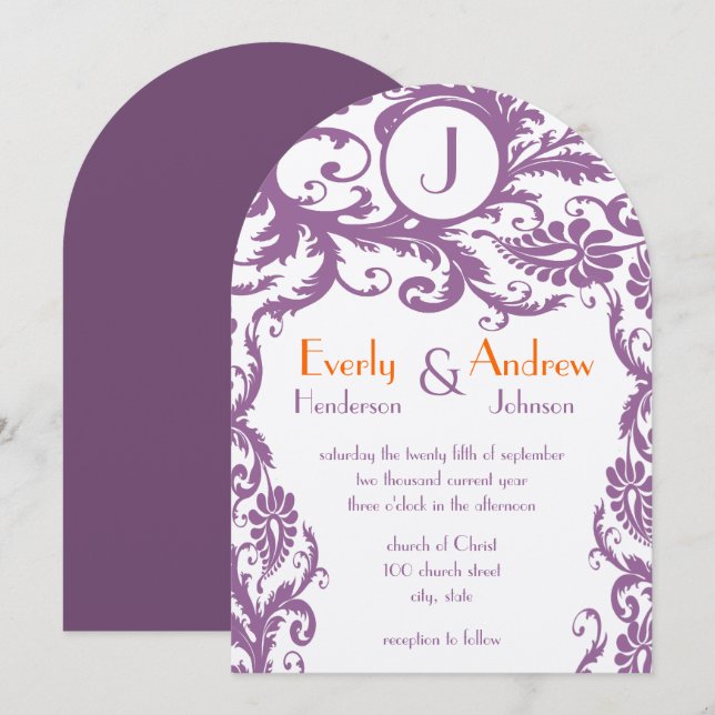Plum Damask Monogram Wedding Invitation (Front/Back)
