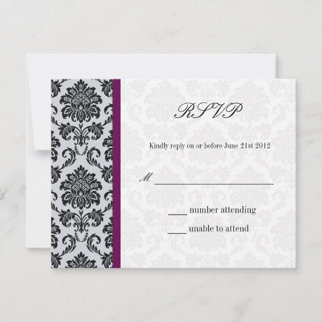 Plum Damask Monogram Wedding RSVP (Front)