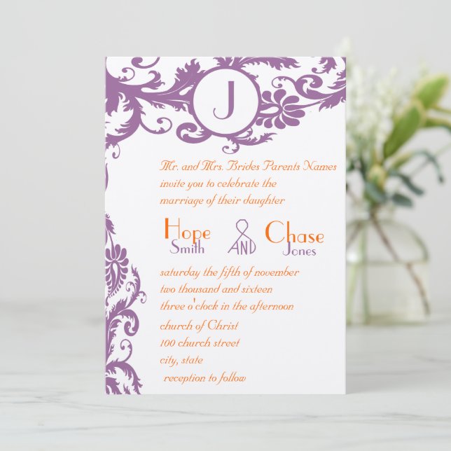 Plum Damask Orange Monogram Wedding Invitation (Standing Front)