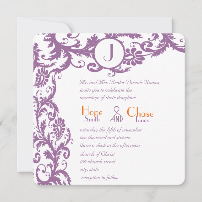 Plum Damask Orange Monogram Wedding Invitation (Front)