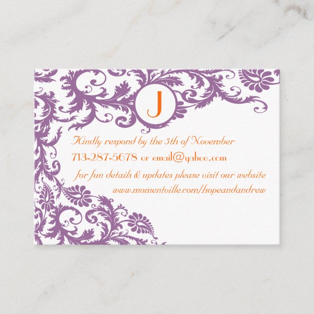Plum Damask Orange  Response and Website Cards (Front)