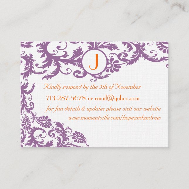 Plum Damask Orange  Response and Website Cards (Front)