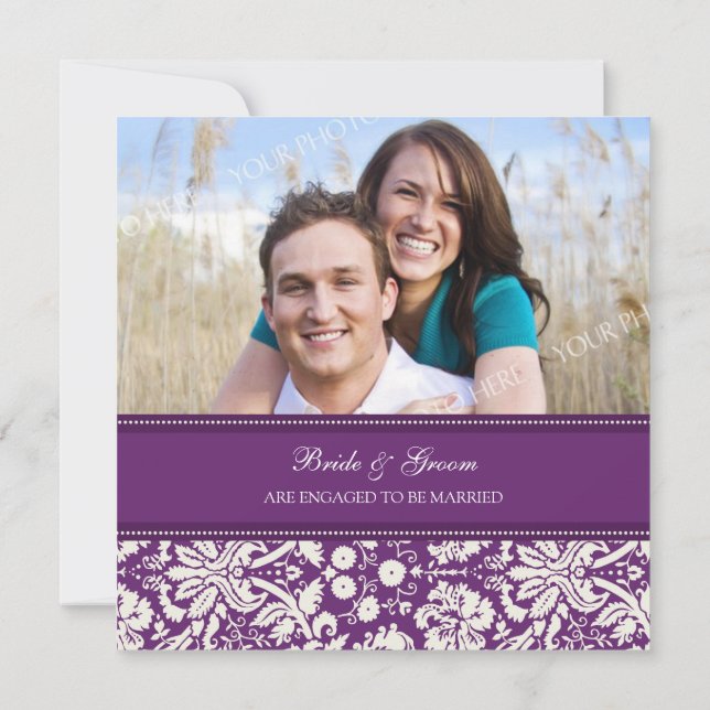 Plum Damask Photo Engagement Party Invitations (Back)