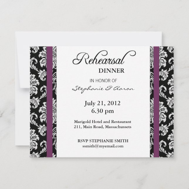 Plum Damask Rehearsal Dinner Card (Front)