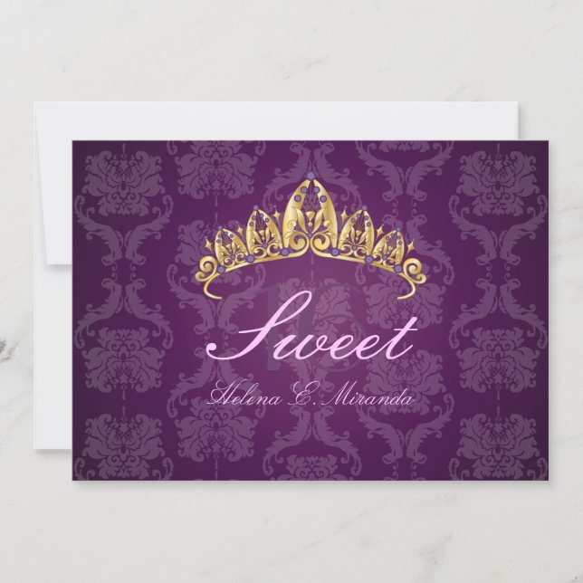 Plum Damask Sweet 16/ tiara/amethyst invitations (Front)