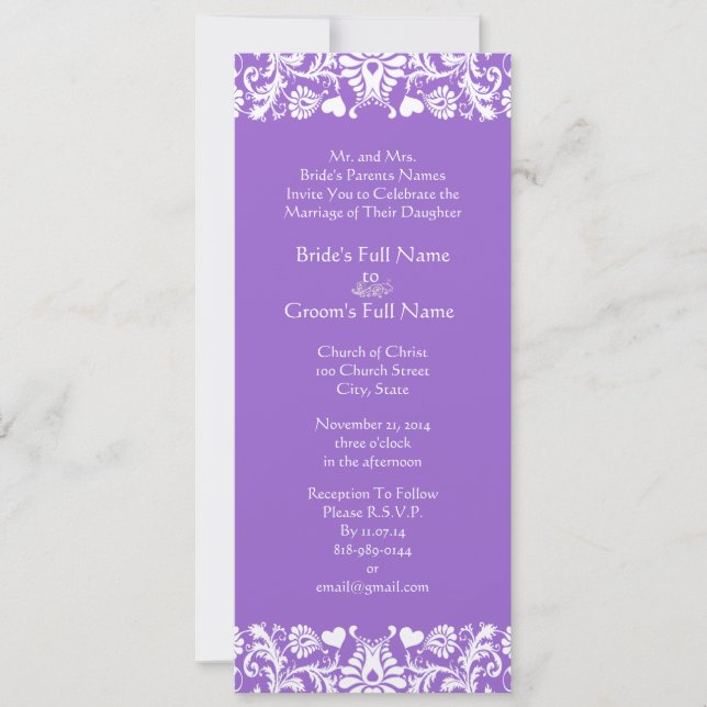Plum Damask Swirls Wedding Invitation (Front)