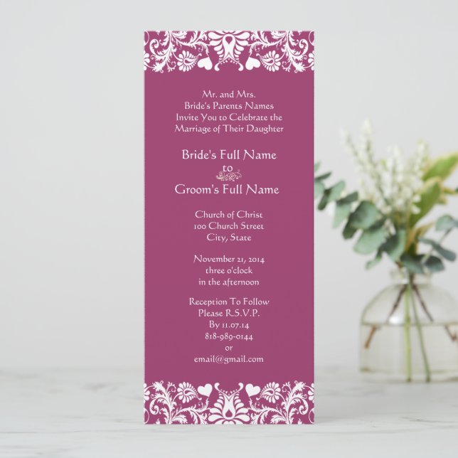 Plum Damask Swirls Wedding Invitation (Standing Front)