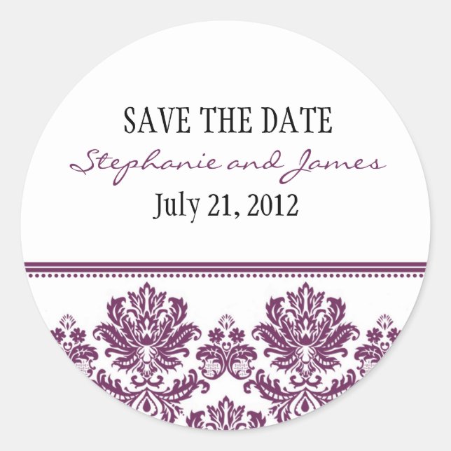 Plum Damask Wedding Sticker (Front)