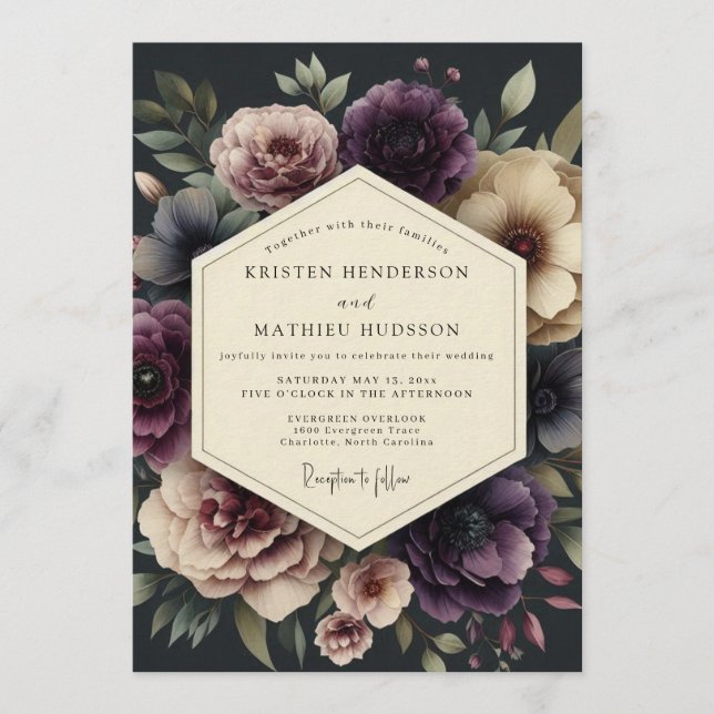 Plum Dark Botanical Wedding Invitation (Front)