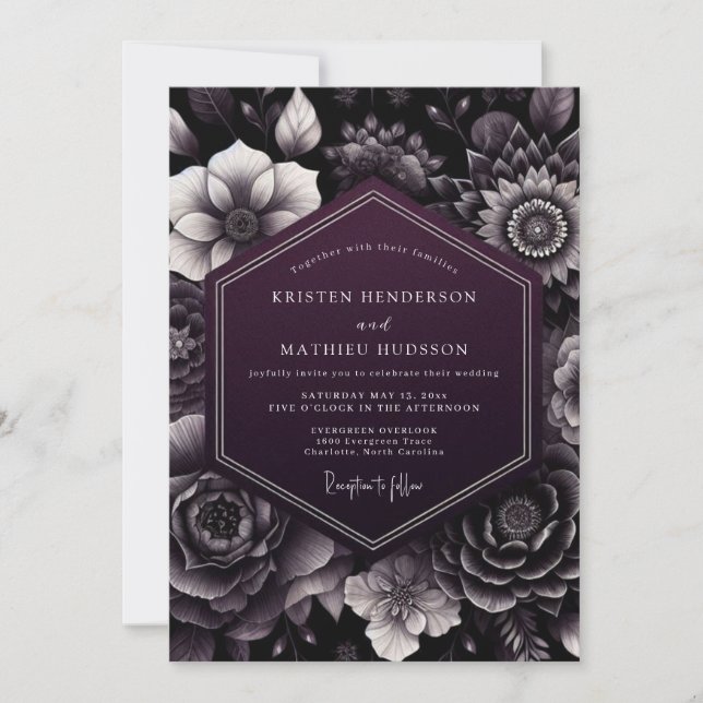 Plum Dark Floral Nocturne Wedding Invitation (Front)