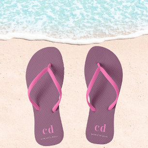 Plum dark pink monogram initials name flip flops