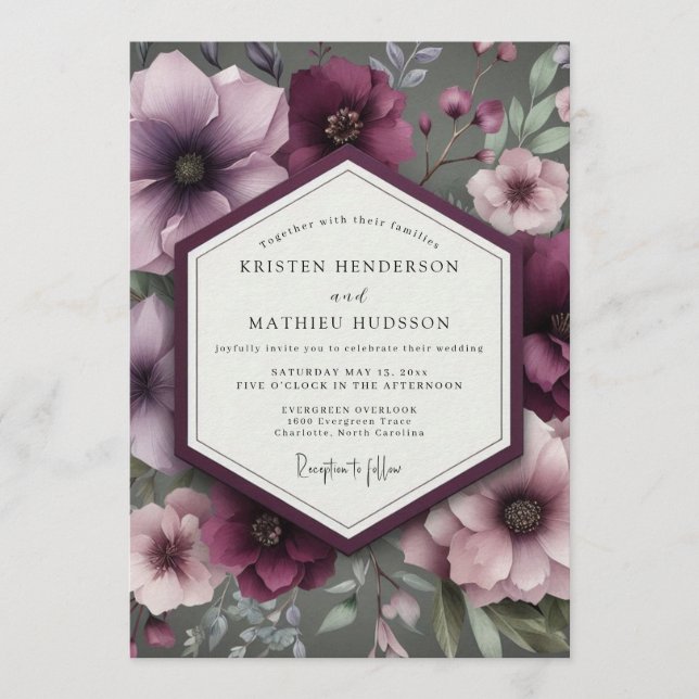 Plum Dramatic Anemone Wedding Invitation (Front)