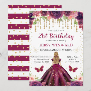 Plum Dress Blonde Haired Princess Birthday Invitation