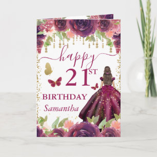 Plum Dress Brunette Haired Princess Birthday Card