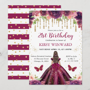 Plum Dress Brunette Haired Princess Birthday Invitation