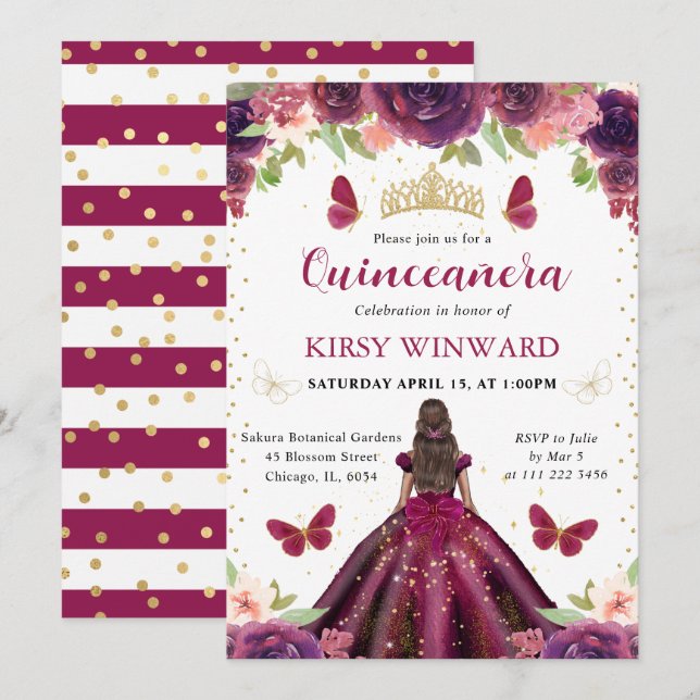 Plum Dress Dark Skin Princess Quinceanera Invitation (Front/Back)
