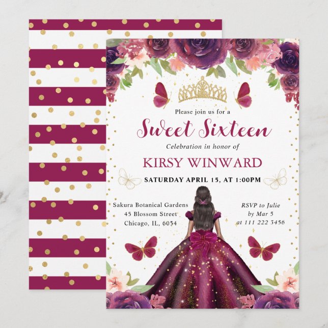 Plum Dress Dark Skin Princess Sweet 16 Invitation (Front/Back)