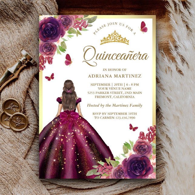 Plum Dress Floral Butterfly Gold Quinceanera Invitation (Creator Uploaded)