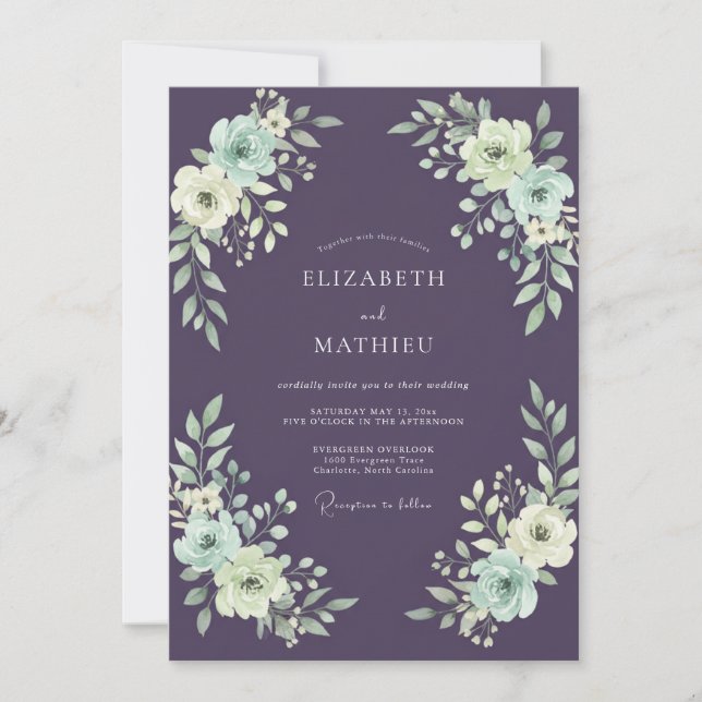 Plum Dusty Blue Ranunculus Eucalyptus Wedding Invitation (Front)