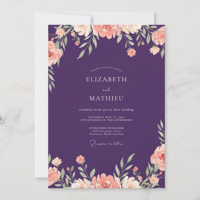 Plum Dusty Peach Petal Wedding Invitation (Front)