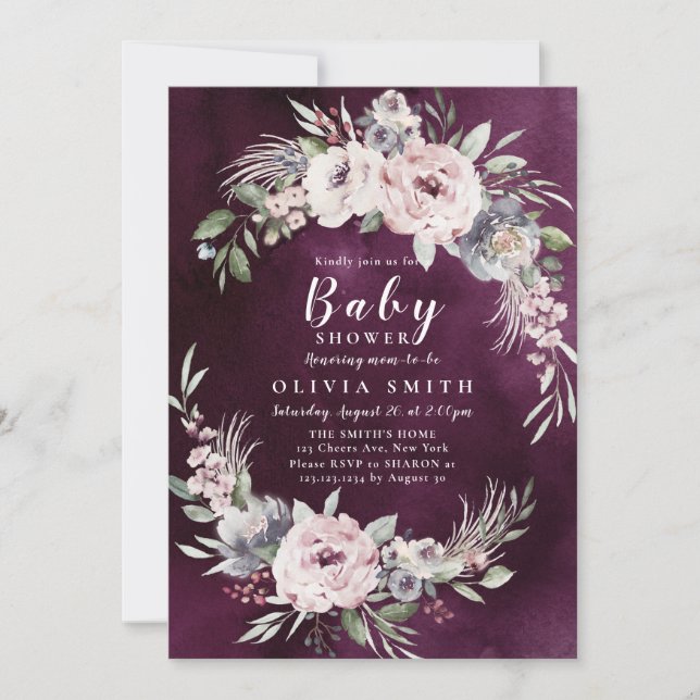 Plum & dusty pink boho floral baby shower invitation (Front)
