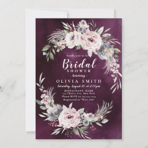 Plum & dusty pink boho floral bridal shower invitation