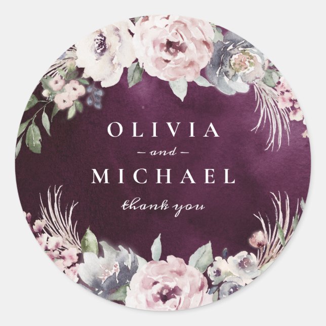 Plum & dusty pink boho floral rustic wedding classic round sticker (Front)