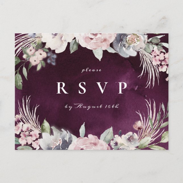 Plum & dusty pink boho floral rustic wedding RSVP Invitation Postcard (Front)