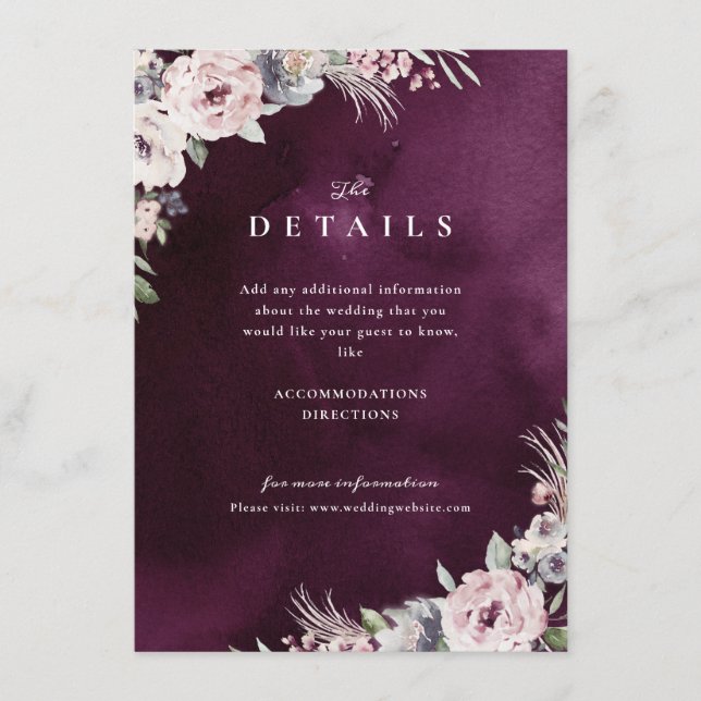 Plum & dusty pink floral boho wedding details enclosure card (Front)