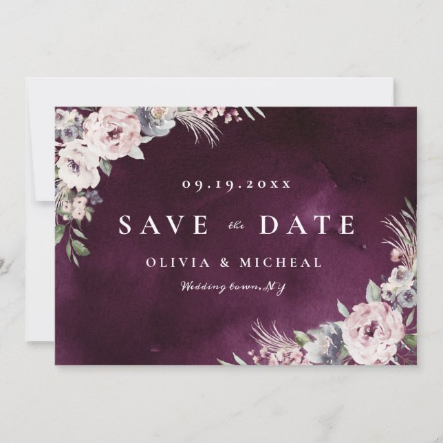 Plum & dusty pink rustic boho floral save the date (Front)