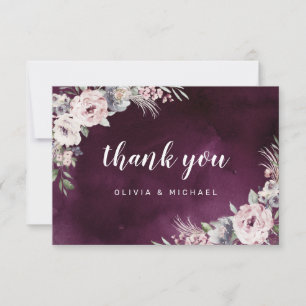 Plum & dusty pink rustic boho floral thank you card