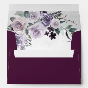 Plum Dusty Purple and Silver Grey Floral Wedding Envelope