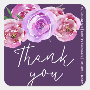 Plum dusty rose peonies wedding  thank you script square sticker