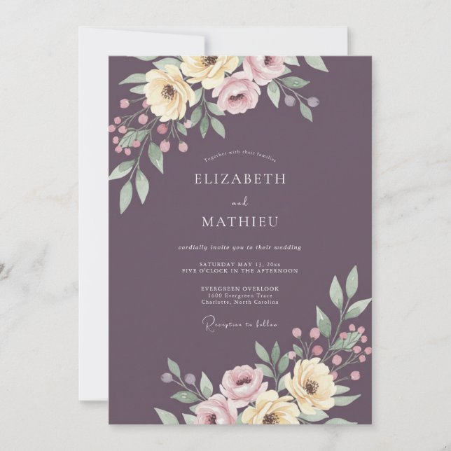 Plum Elegant Floral Romance Wedding Invitation (Front)