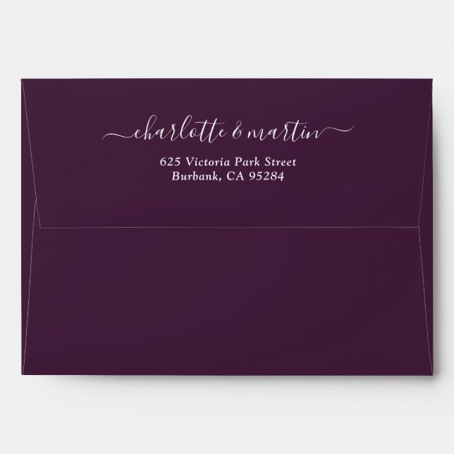 Plum Elegant Script Return Address Wedding Envelope (Back (Top Flap))