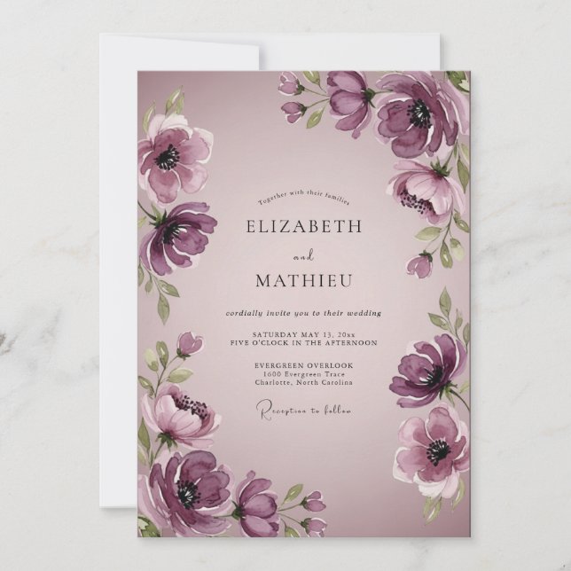 Plum Elegant Watercolor Wedding Invitation (Front)